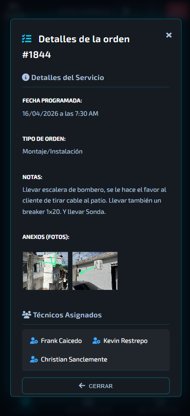 Pantalla móvil con historial y control técnico de MACRIS